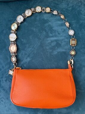 OOAK Reworked Watch Strap Orange Leather Baguette Bag